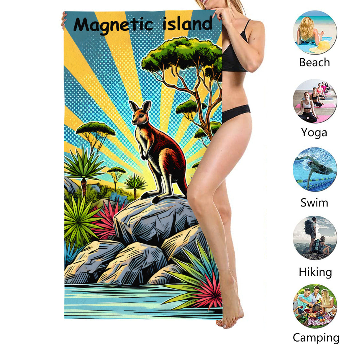 Kangaroo beach towel size shown, suited to beach, yoga, swimming, hiking and camping