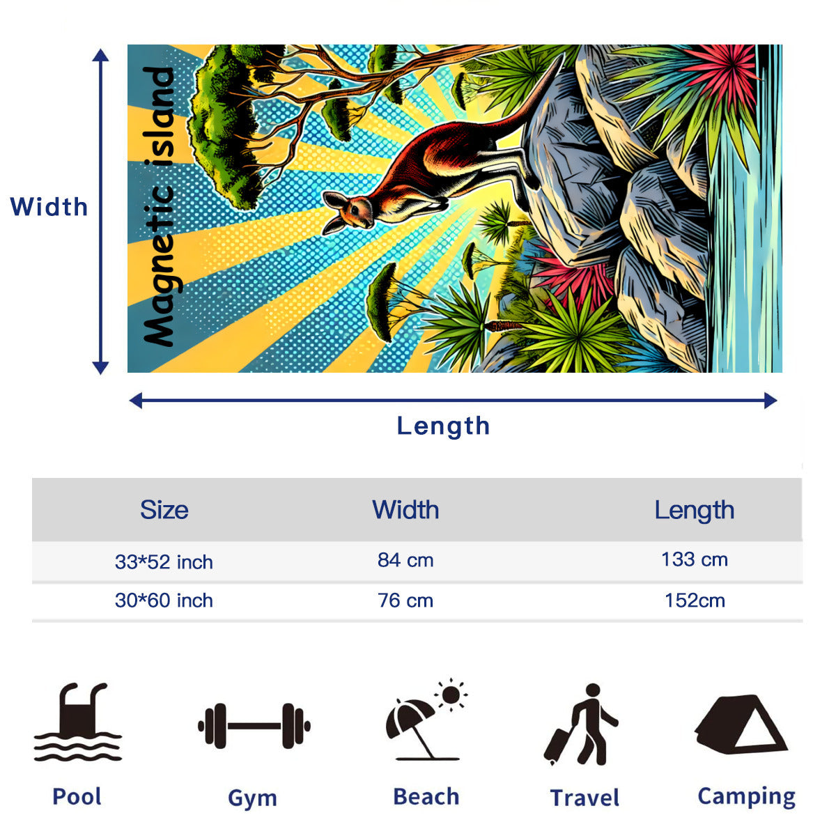 Size chart for the beach towel, 33 x 52 inch and 30 x 60 inch