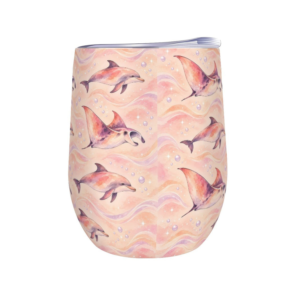 White stemless wine tumbler printed with a repeating pattern of dolphins and rays
