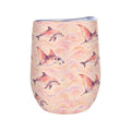 White stemless wine tumbler printed with a repeating pattern of dolphins and rays