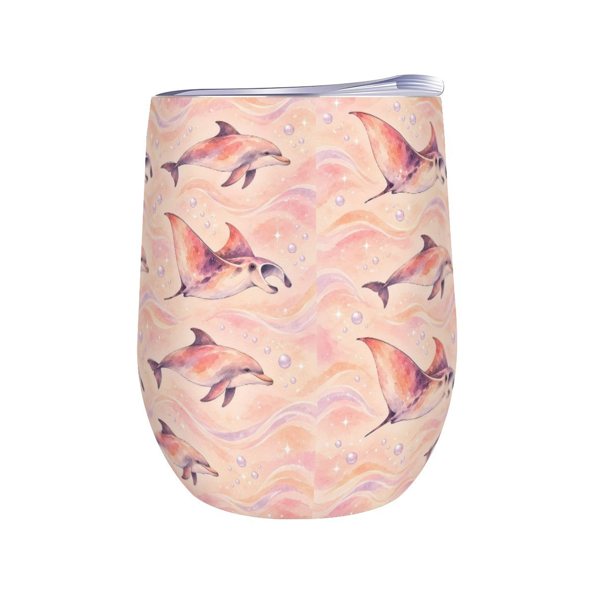 White stemless wine tumbler printed with a repeating pattern of dolphins and rays