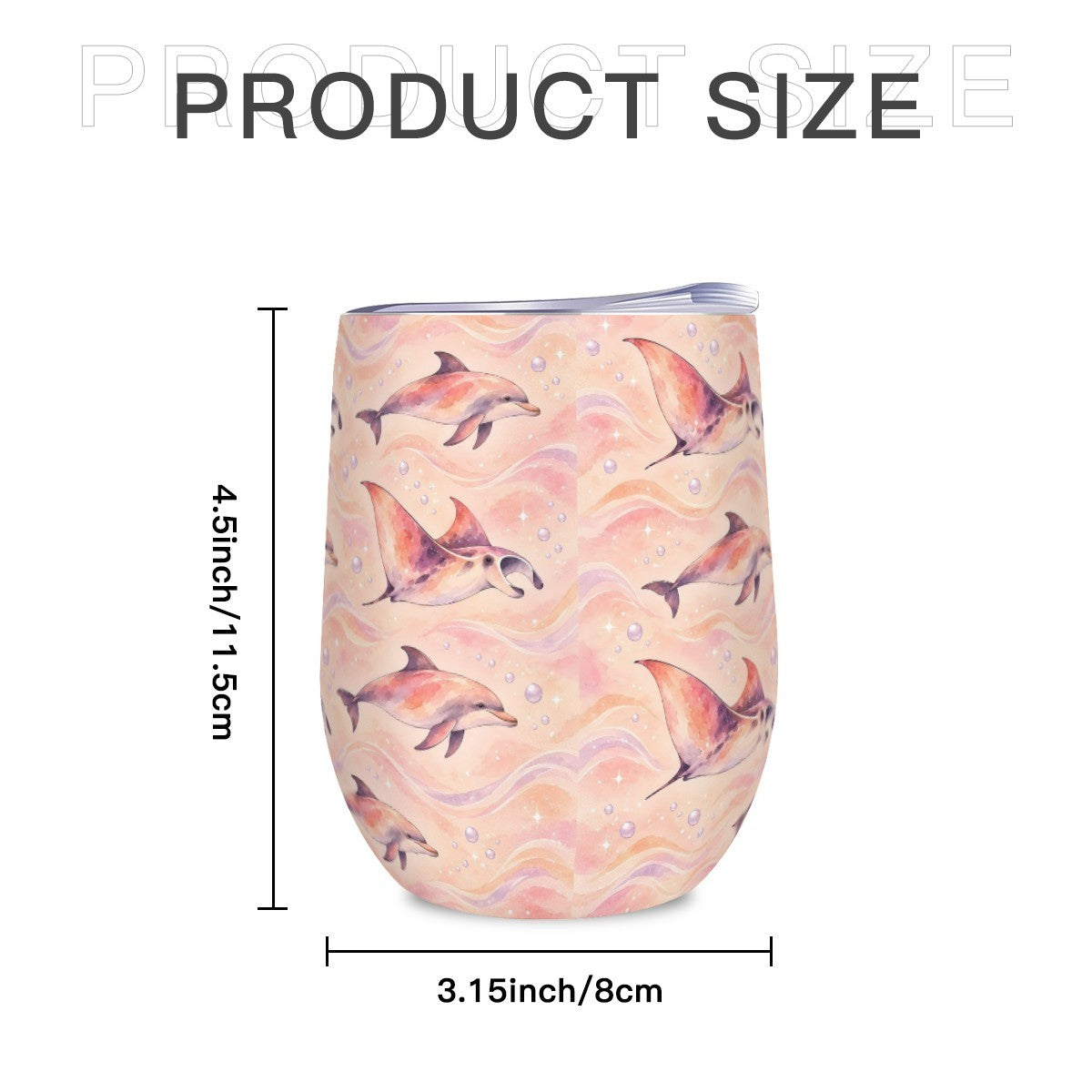 Size diagram of the dolphin and ray tumbler showing its height and width