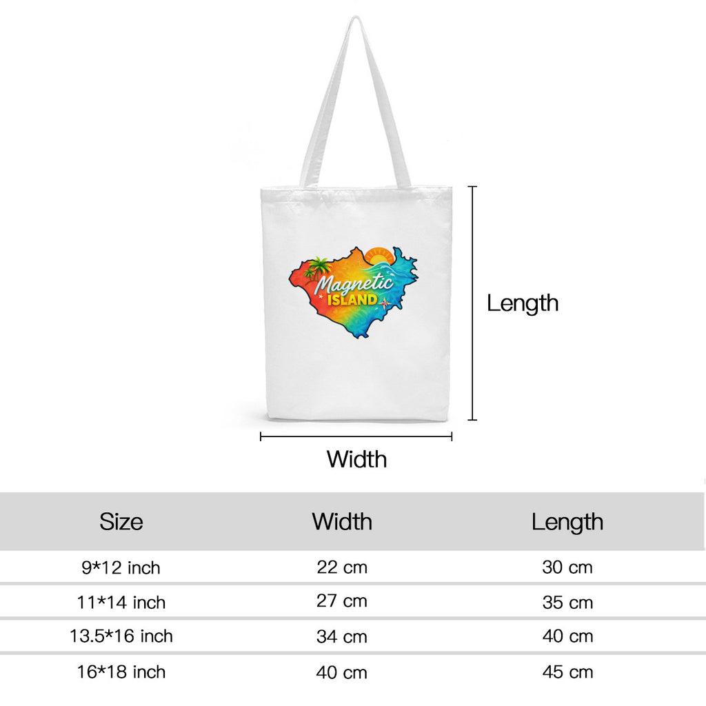 Magnetic Island map tote bag size chart: S, M, L and XL dimensions