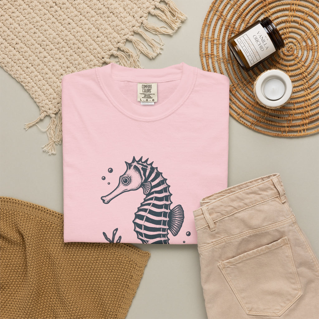 Zebra Seahorse T-Shirt, Teal Linocut Seahorse Tee