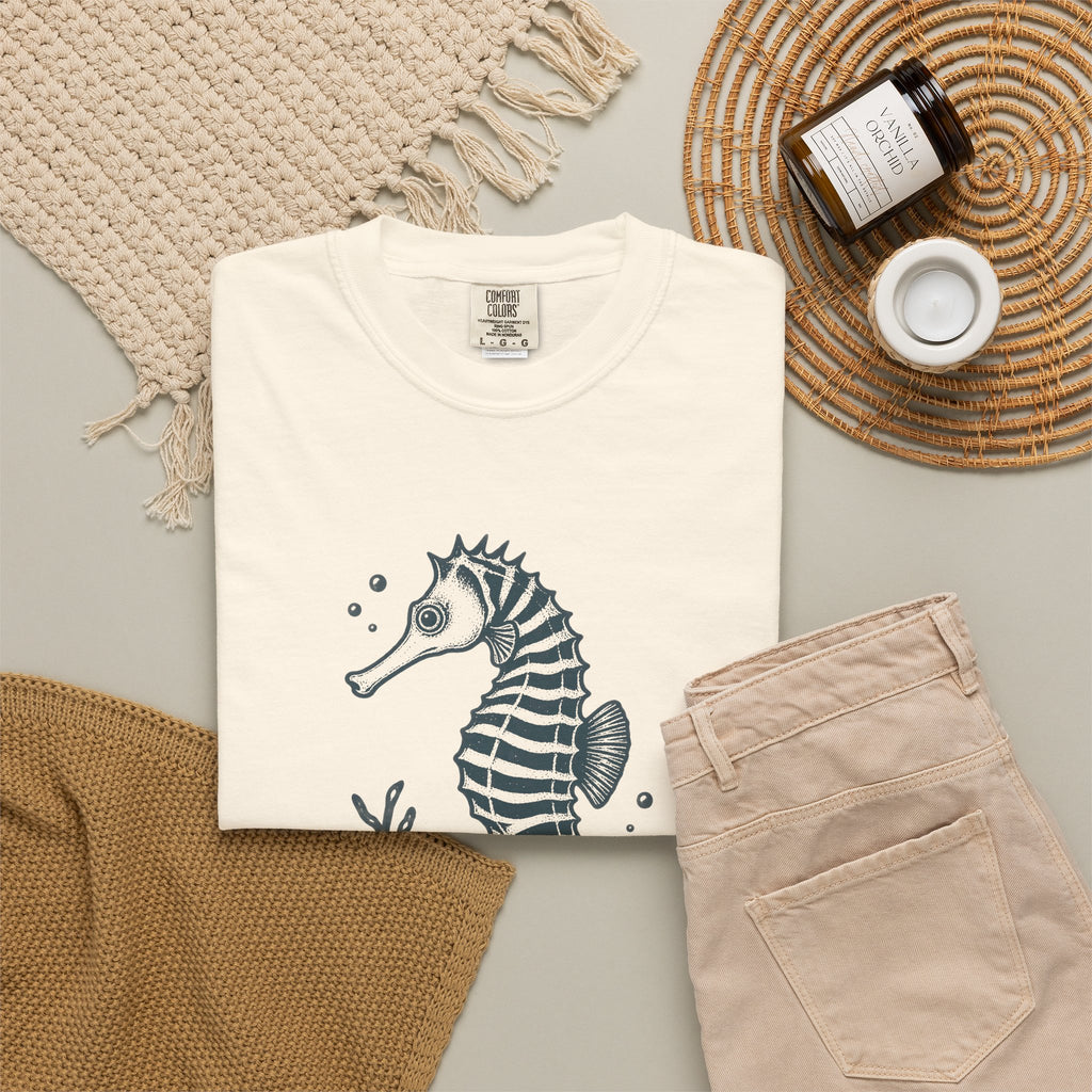 Zebra Seahorse T-Shirt, Teal Linocut Seahorse Tee