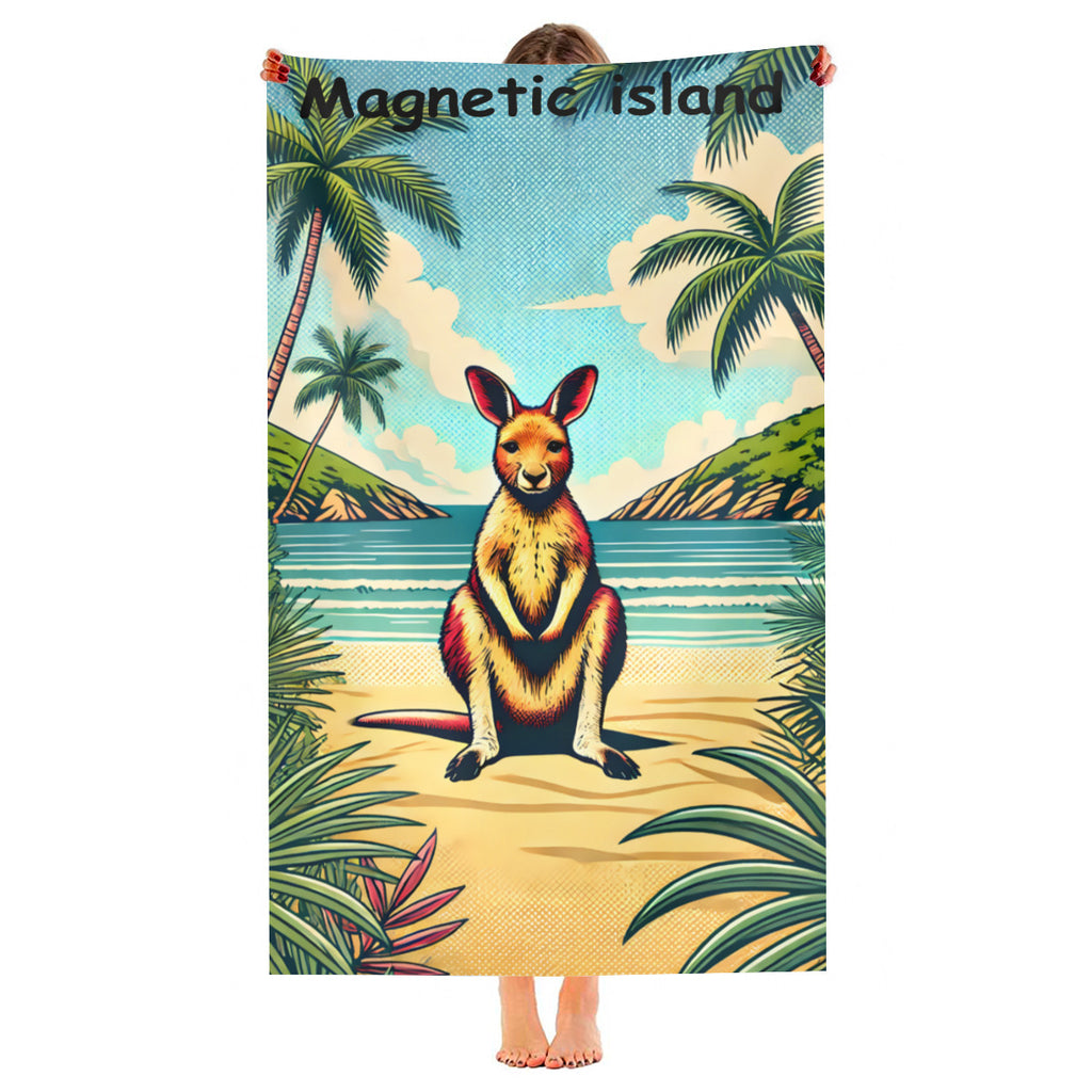 Kangaroo beach towel held up on the sand, full print shown