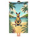 Kangaroo beach towel held up on the sand, full print shown