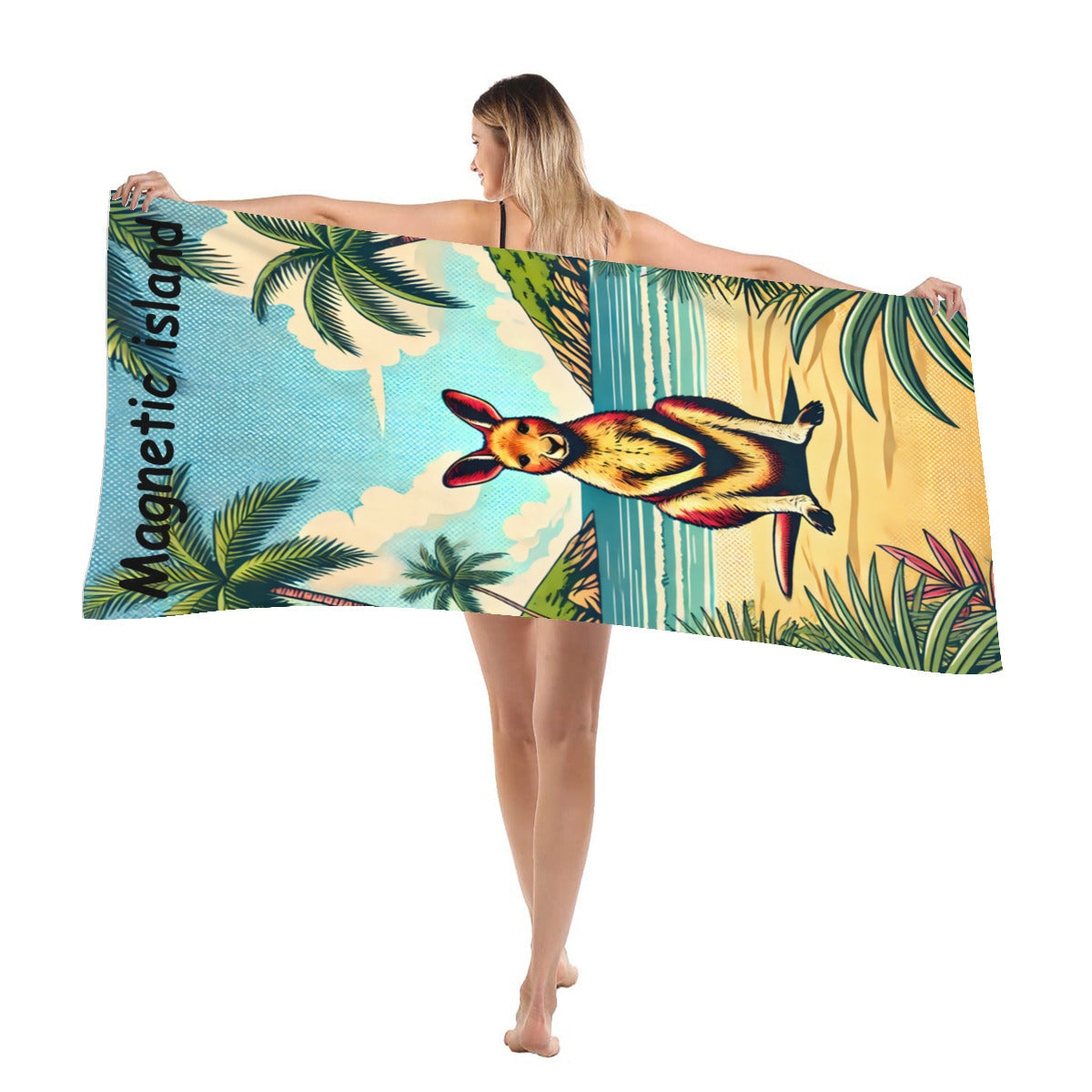 Kangaroo beach towel draped over the shoulder at the beach