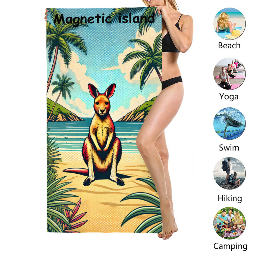 Kangaroo beach towel size shown, suited to beach, yoga, swimming, hiking and camping