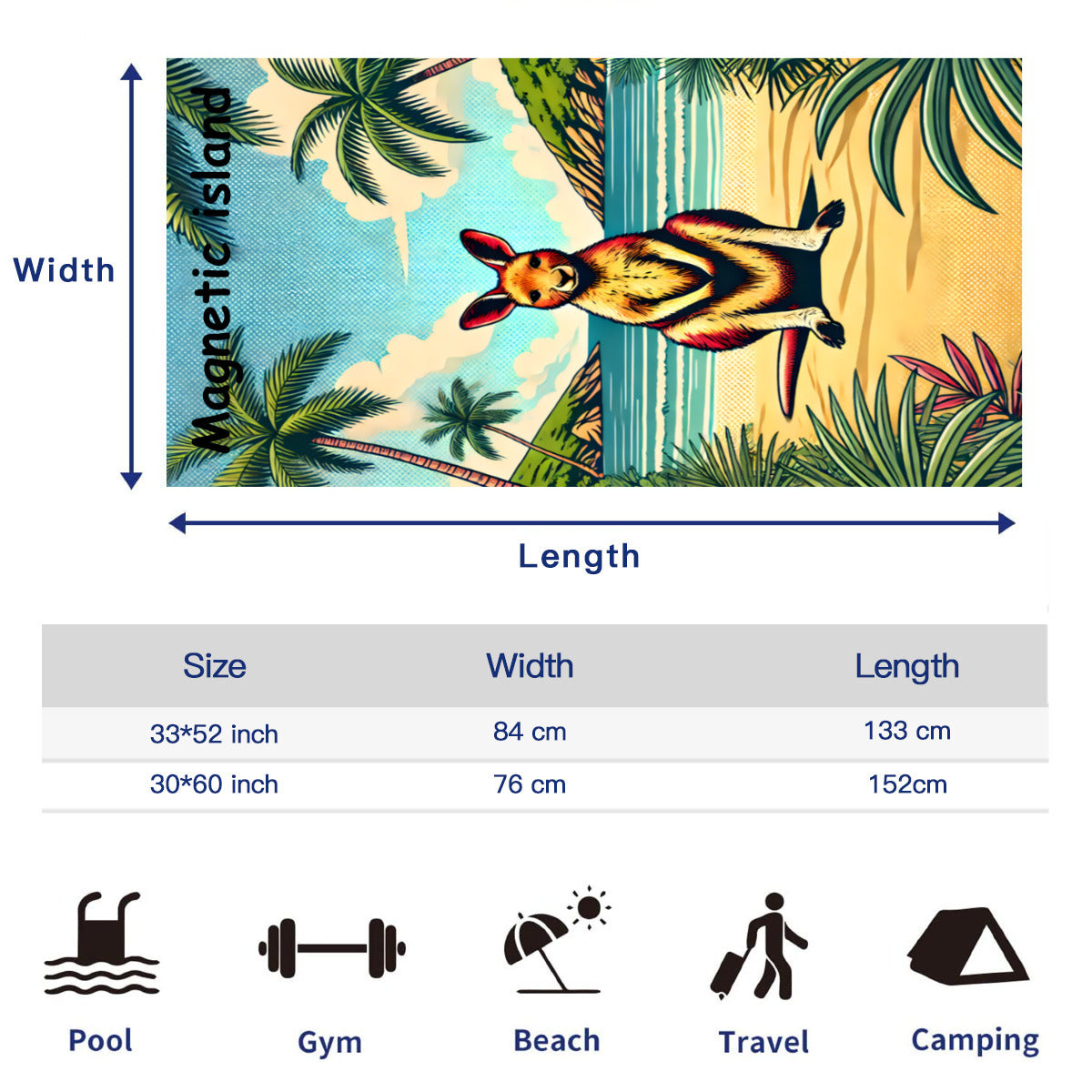 Size chart for the beach towel, 33 x 52 inch and 30 x 60 inch