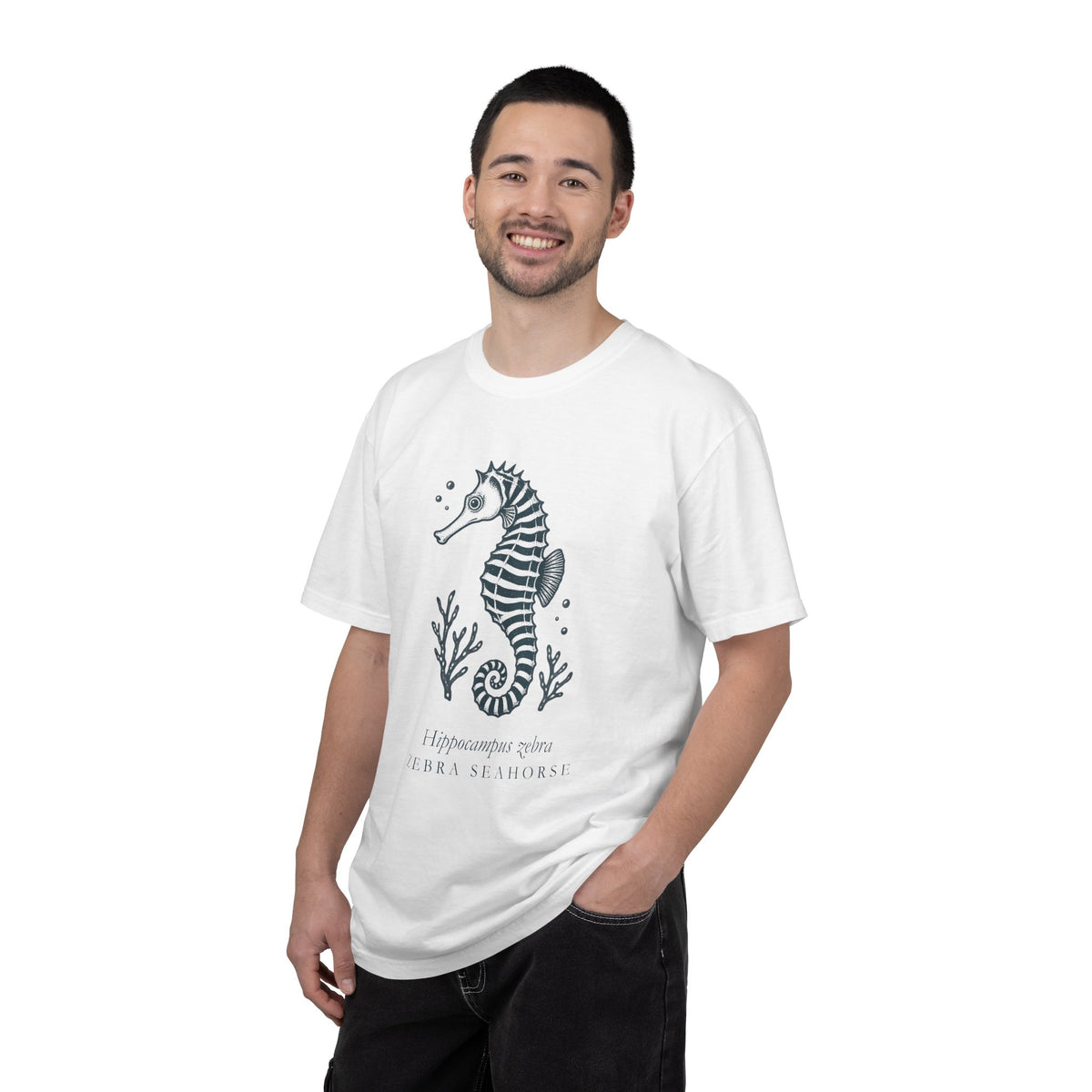 Zebra Seahorse T-Shirt, Teal Linocut Seahorse Tee