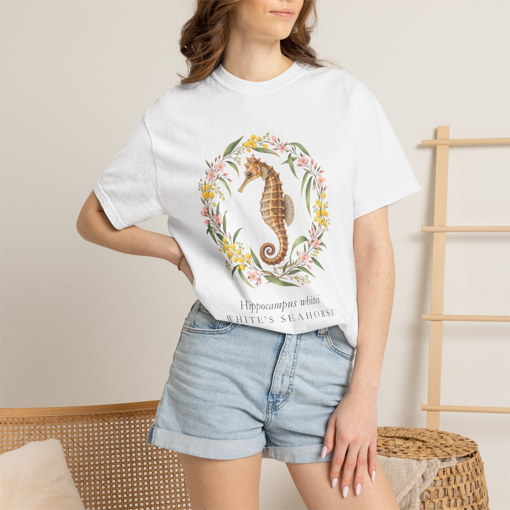 White's Seahorse T-Shirt, Wattle and Native Flower Wreath Tee