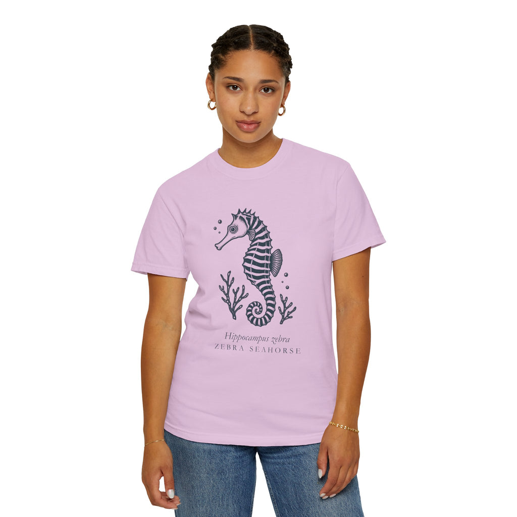 Zebra Seahorse T-Shirt, Teal Linocut Seahorse Tee