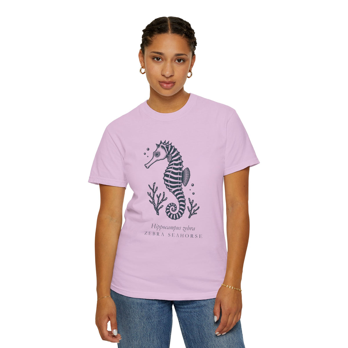 Zebra Seahorse T-Shirt, Teal Linocut Seahorse Tee