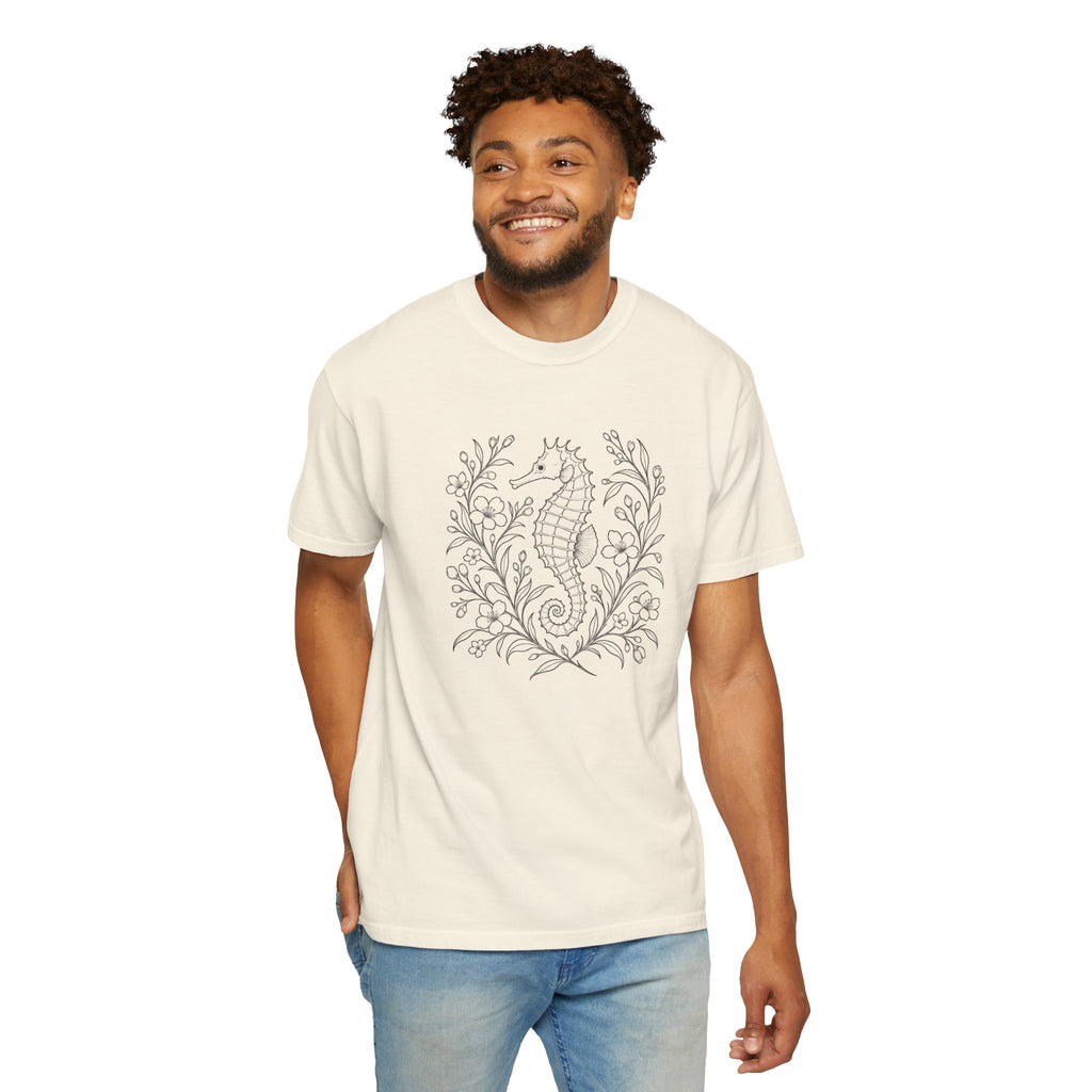 Fine Line Seahorse T-Shirt, Minimalist Botanical Seahorse Tee