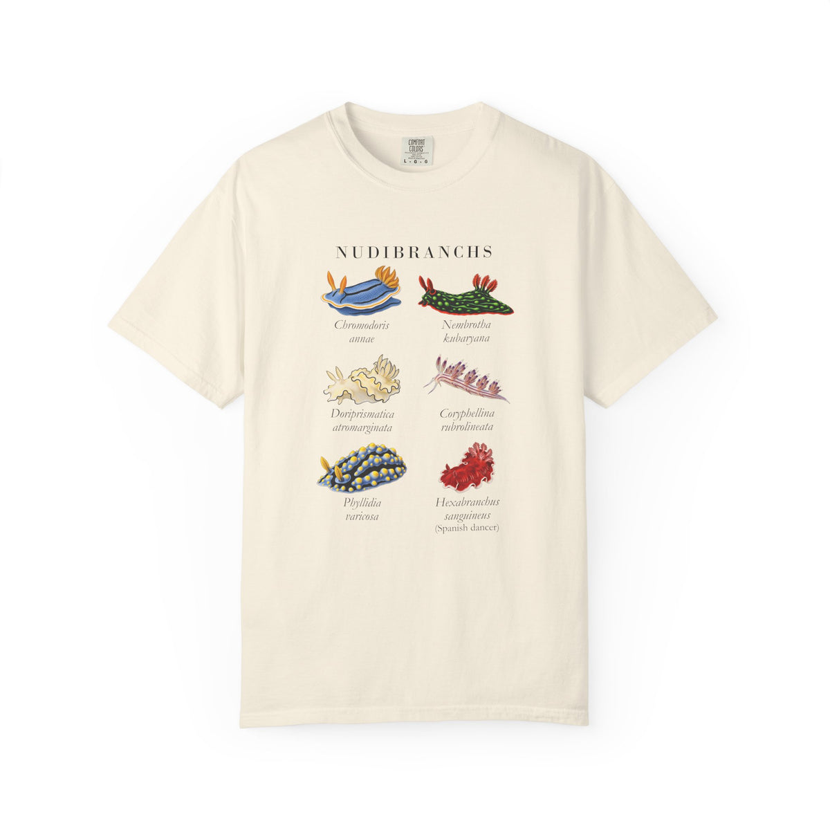Ivory nudibranch plate tee laid flat, six nudibranchs in two columns with Latin names