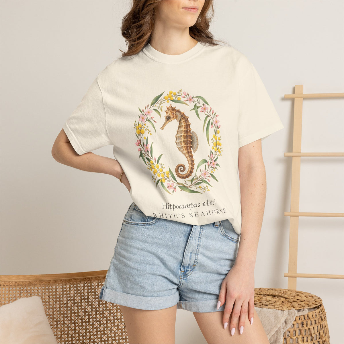 White's Seahorse T-Shirt, Wattle and Native Flower Wreath Tee
