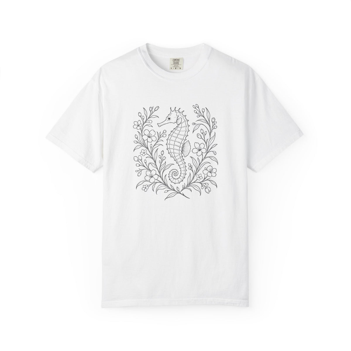 Fine Line Seahorse T-Shirt, Minimalist Botanical Seahorse Tee