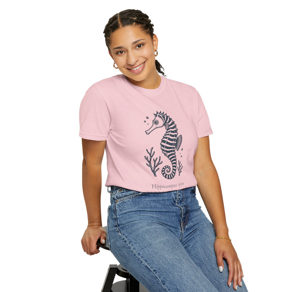 Zebra Seahorse T-Shirt, Teal Linocut Seahorse Tee