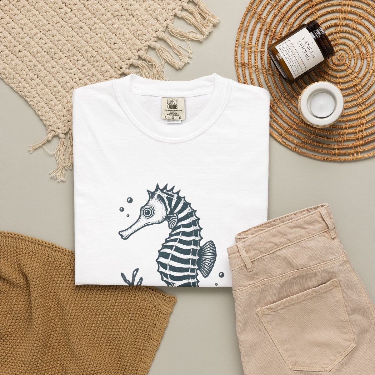 Zebra Seahorse T-Shirt, Teal Linocut Seahorse Tee