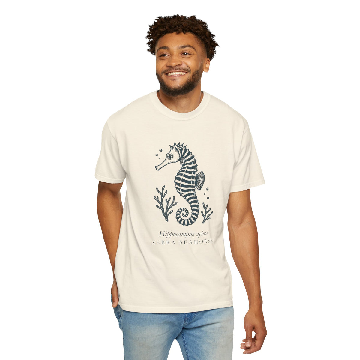 Zebra Seahorse T-Shirt, Teal Linocut Seahorse Tee