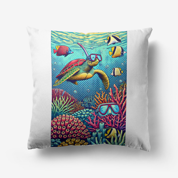 Pop Art Snorkeling Turtle Cushion – Vibrant Coral Reef Pillow