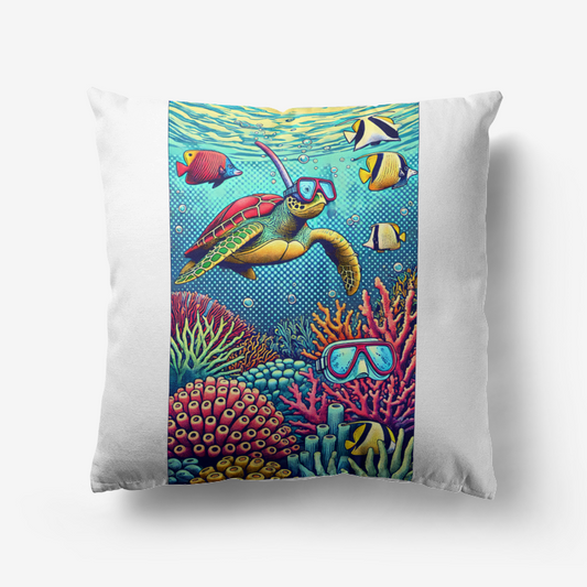 Pop Art Snorkeling Turtle Cushion – Vibrant Coral Reef Pillow