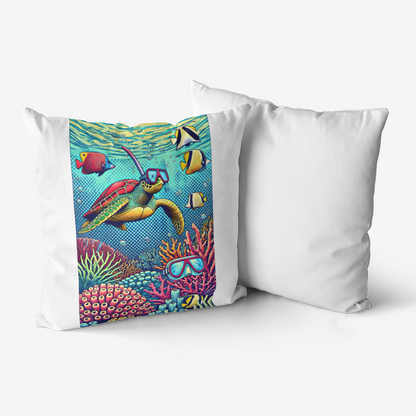 Pop Art Snorkeling Turtle Cushion – Vibrant Coral Reef Pillow