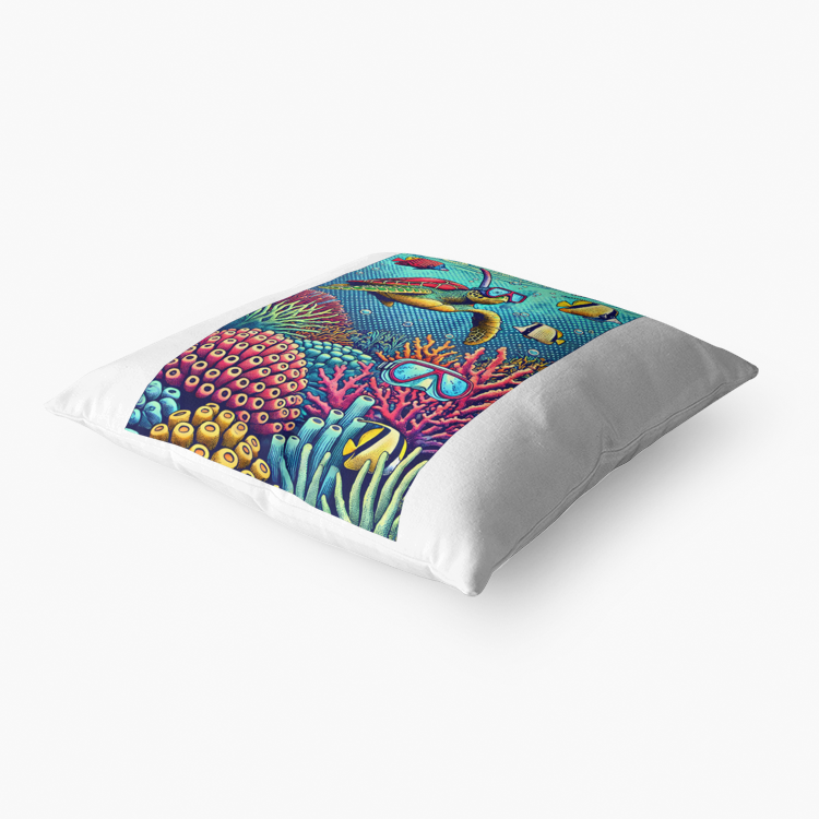 Pop Art Snorkeling Turtle Cushion – Vibrant Coral Reef Pillow