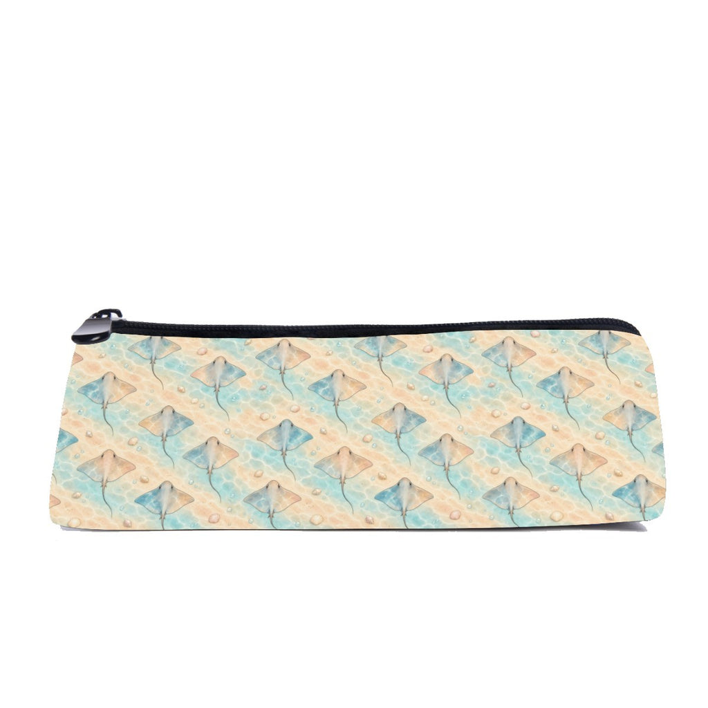 Slim zip pencil case printed with stingrays in sand and aqua over a sunlit seafloor