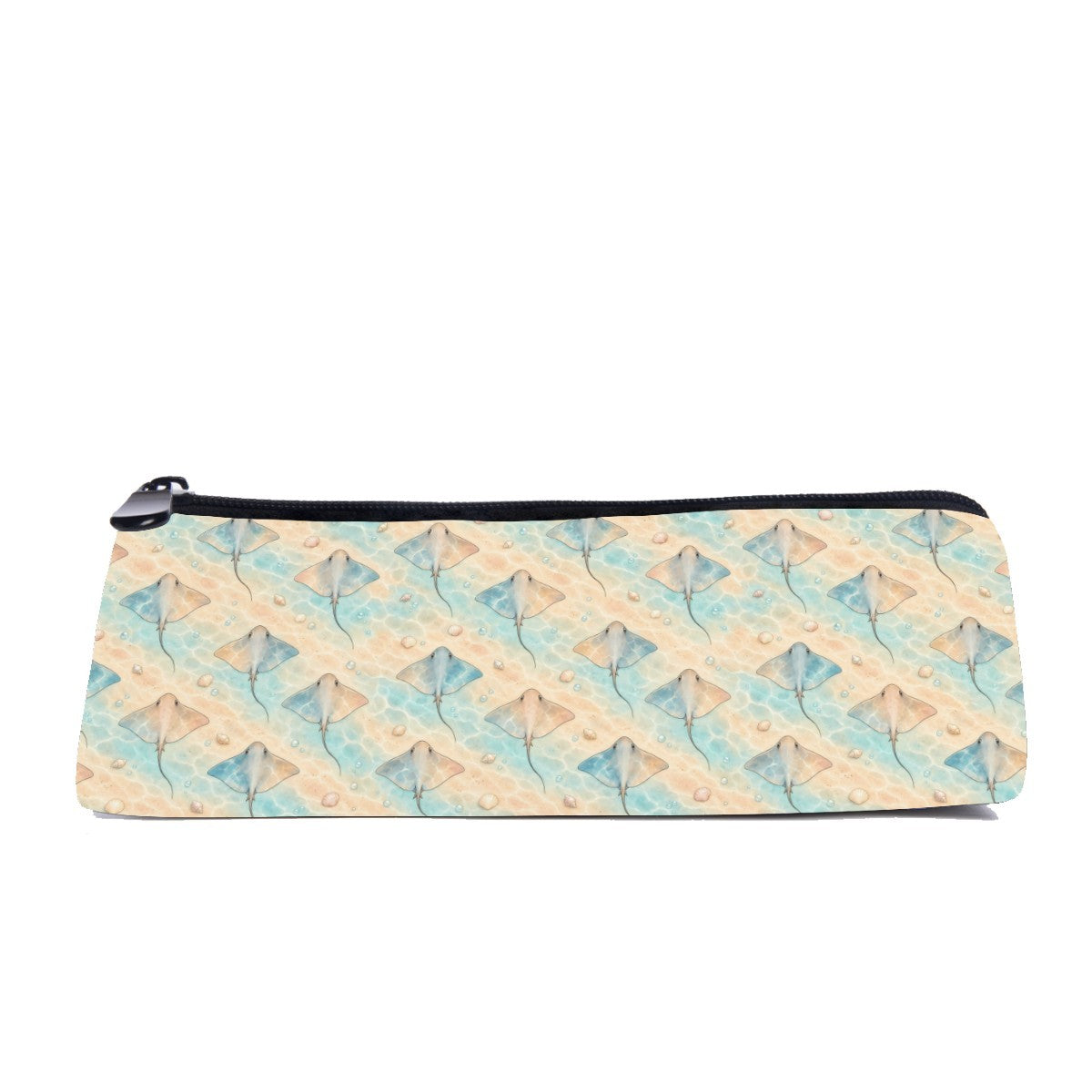 Slim zip pencil case printed with stingrays in sand and aqua over a sunlit seafloor
