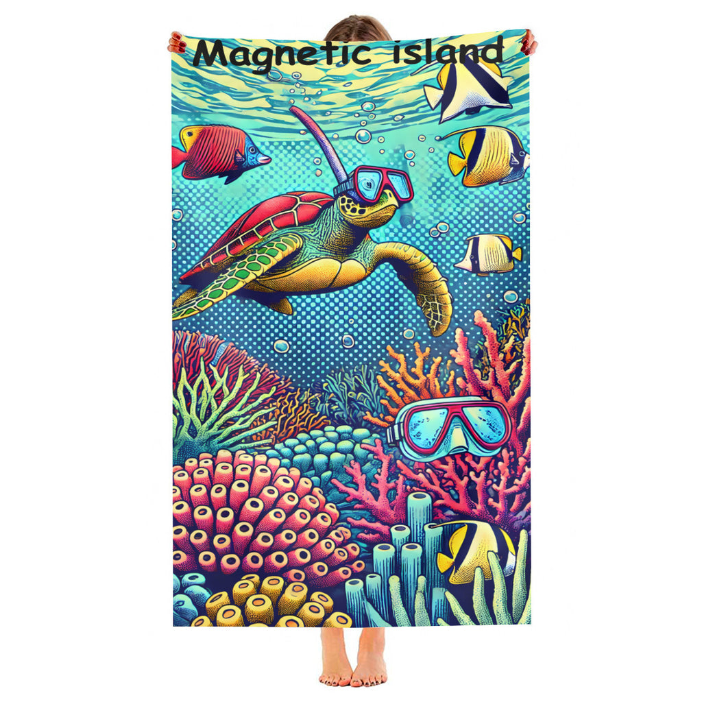Snorkelling turtle beach towel held up, full print shown
