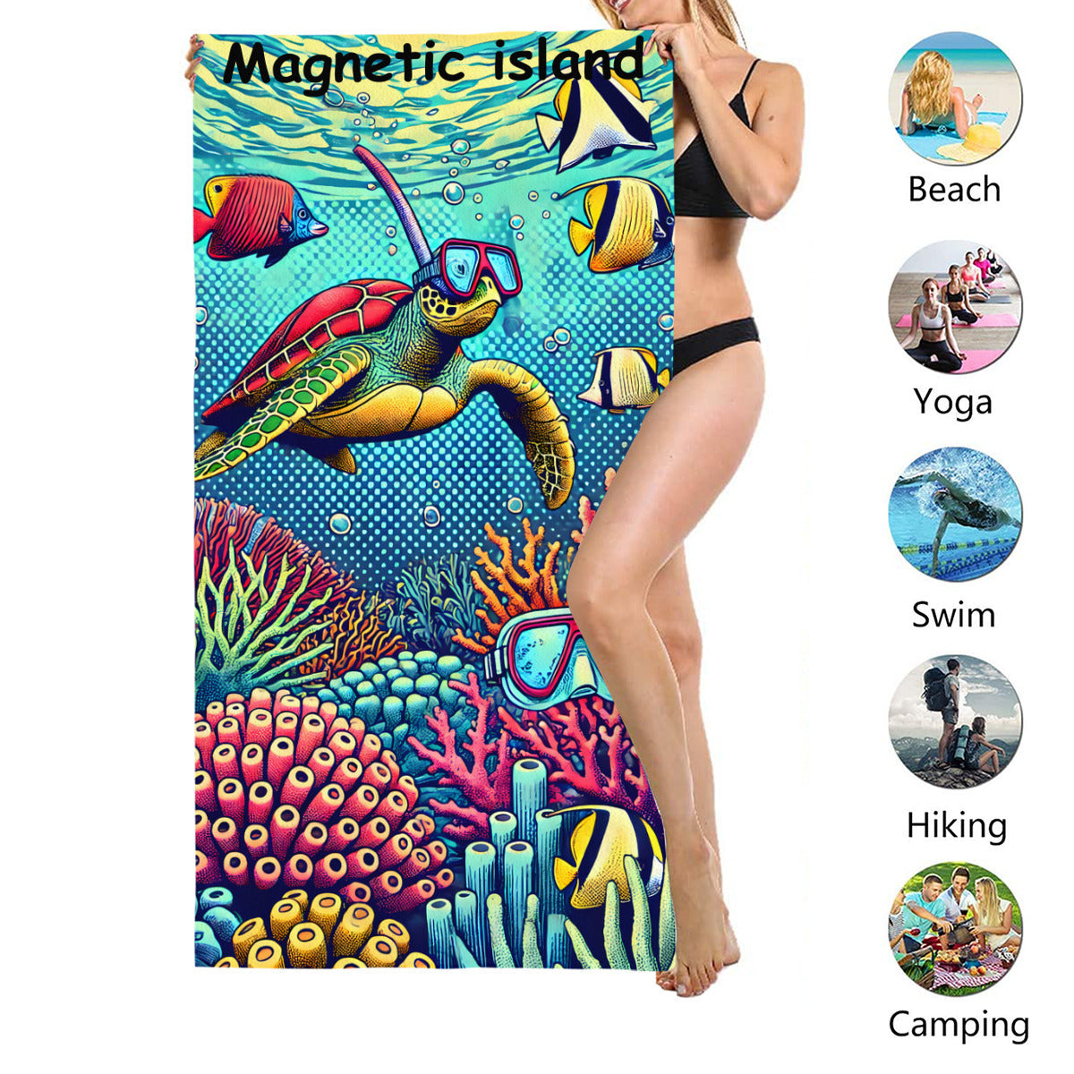 Snorkelling turtle beach towel size shown, suited to beach, yoga, swimming, hiking and camping