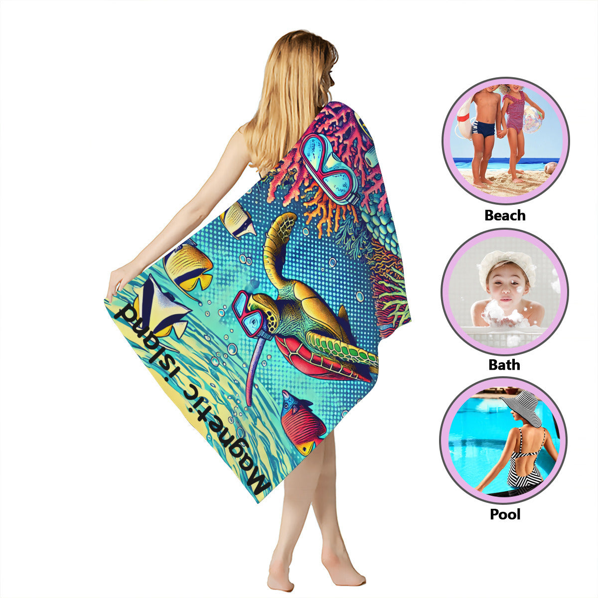 Snorkelling turtle beach towel wrapped around the body, for beach, bath or pool