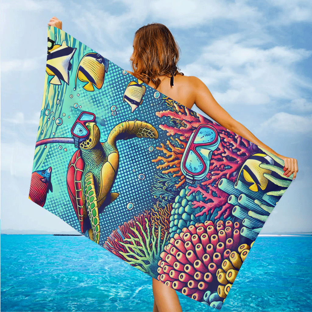 Snorkelling turtle beach towel held up on the beach in the wind