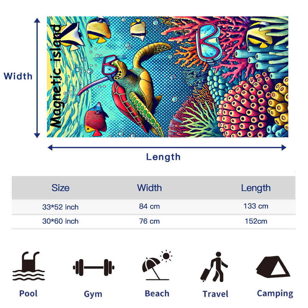 Size chart for the beach towel, 33 x 52 inch and 30 x 60 inch