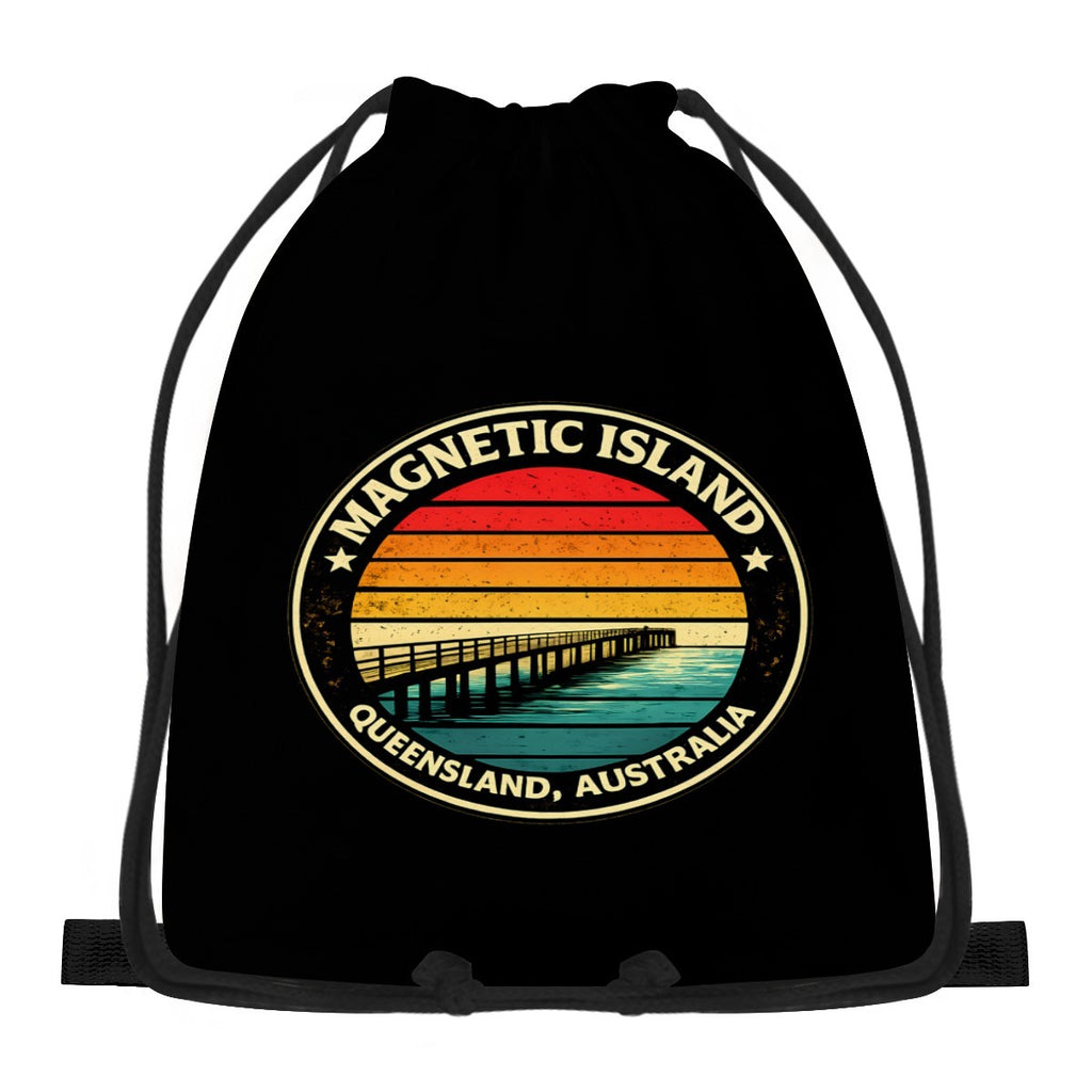 Retro Magnetic Island pier badge design on a black drawstring bag, front view.