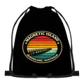 Retro Magnetic Island pier badge design on a black drawstring bag, front view.