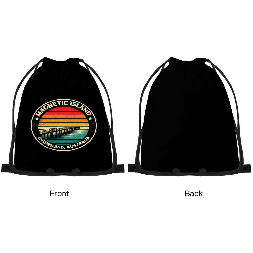 Front and back view of the Retro Magnetic Island Pier drawstring bag, plain black on the reverse.