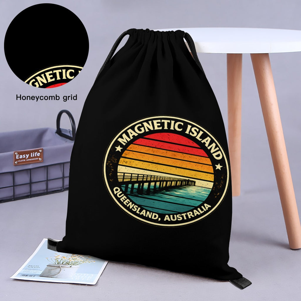 Close-up of the woven fabric texture on the Retro Magnetic Island Pier drawstring bag.