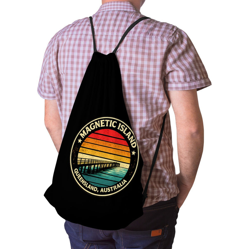 Retro Magnetic Island Pier drawstring bag worn on the back, straps over both shoulders.