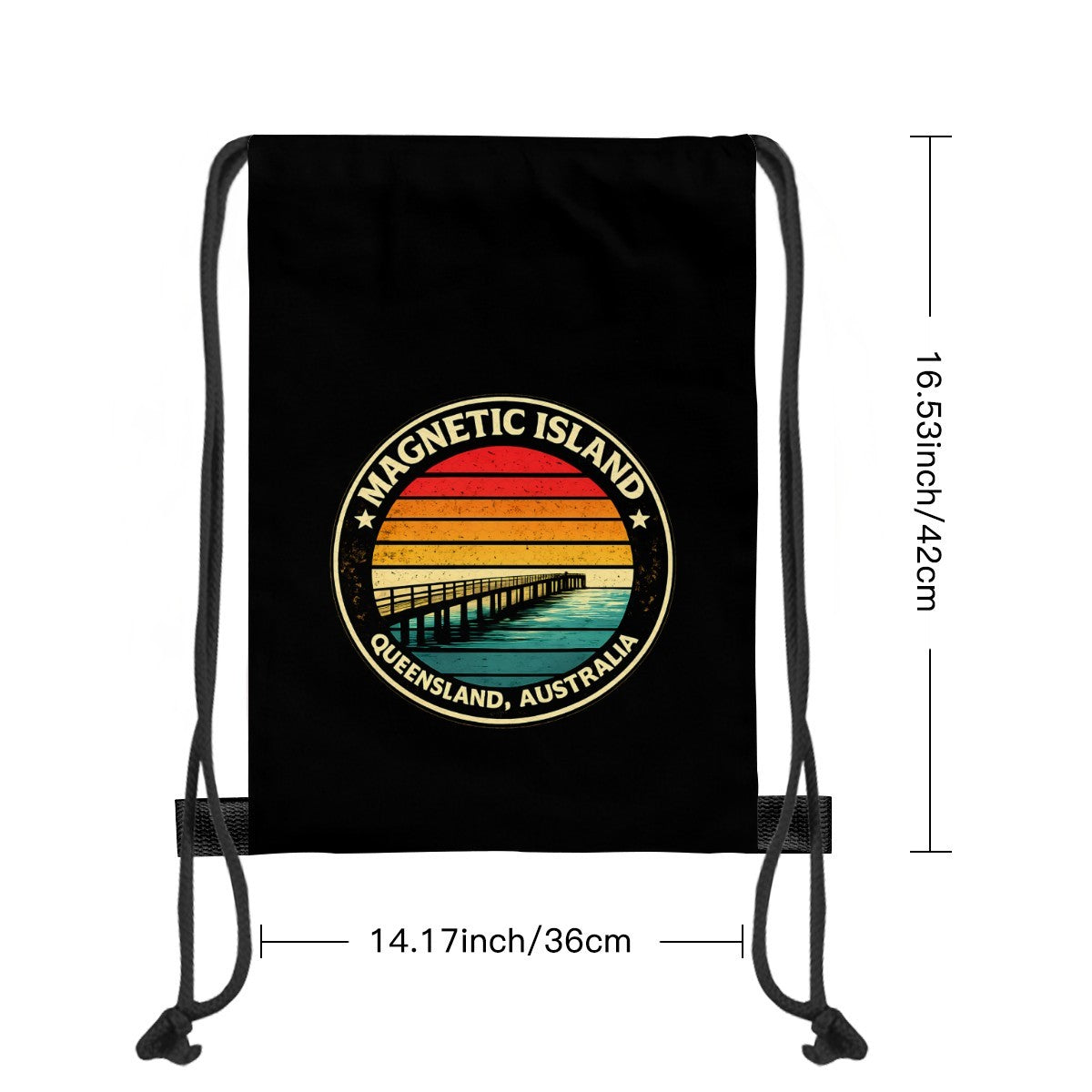 Size chart for the Retro Magnetic Island Pier drawstring bag, 36cm wide by 42cm tall, one size.