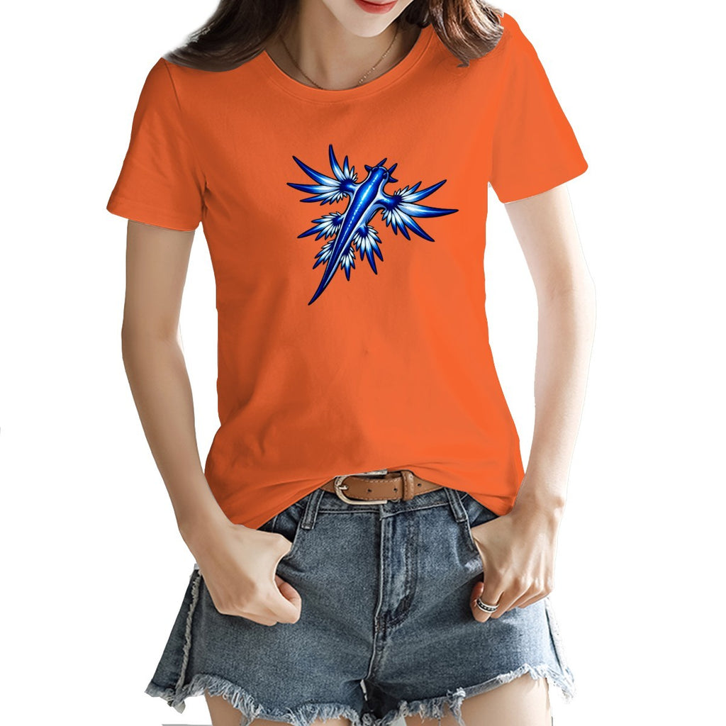 Blue dragon sea slug tee in orange on a model