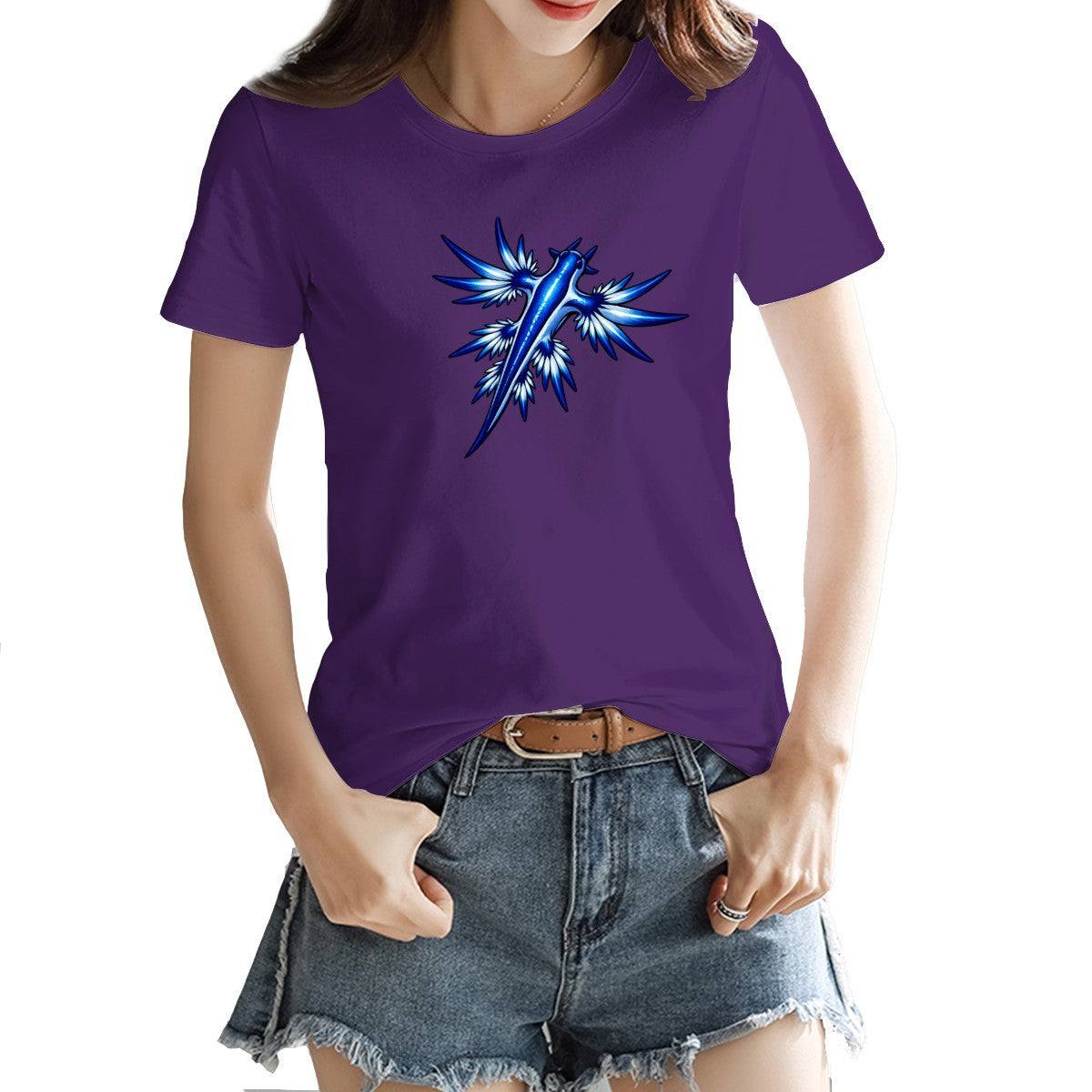 Blue dragon sea slug tee in purple on a model
