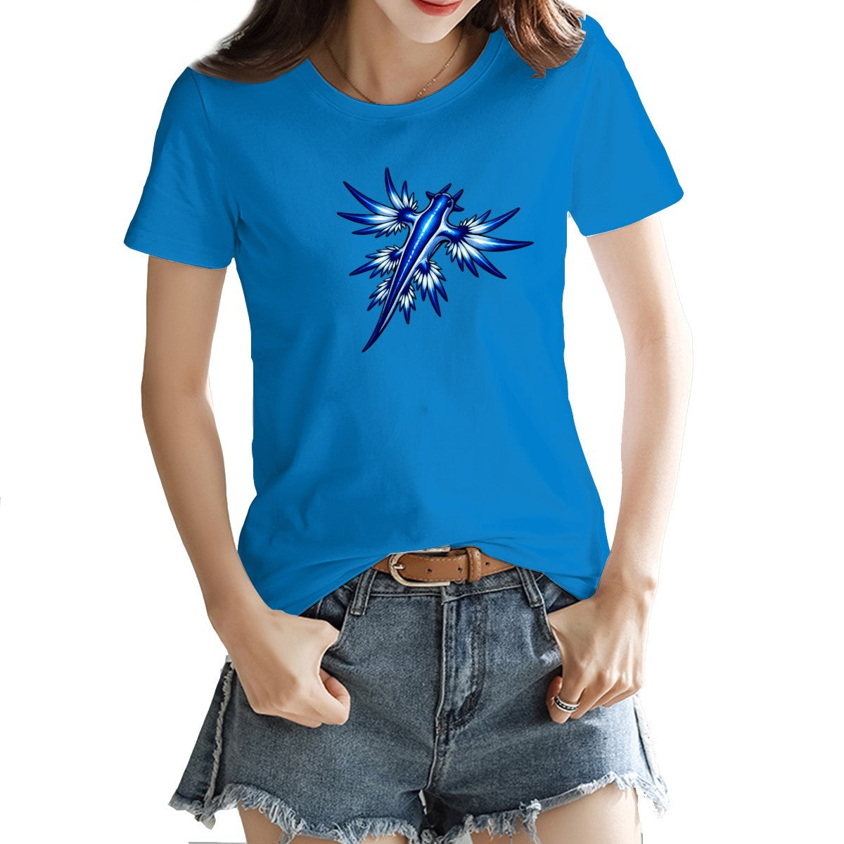 Blue dragon sea slug tee in sky blue on a model