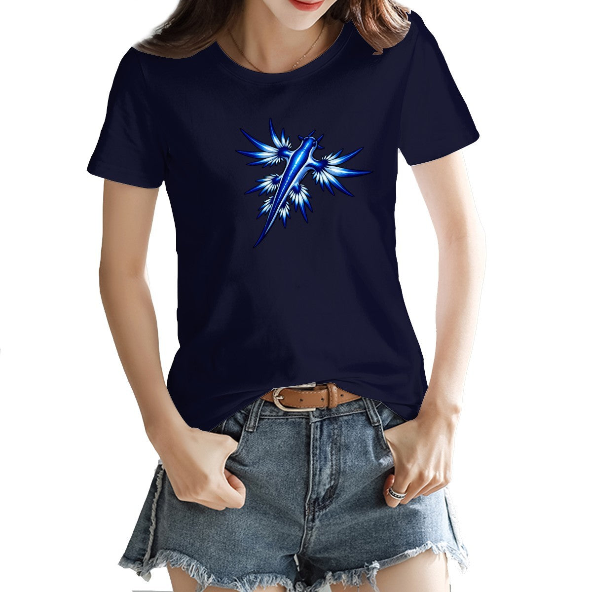 Blue dragon sea slug tee in navy on a model