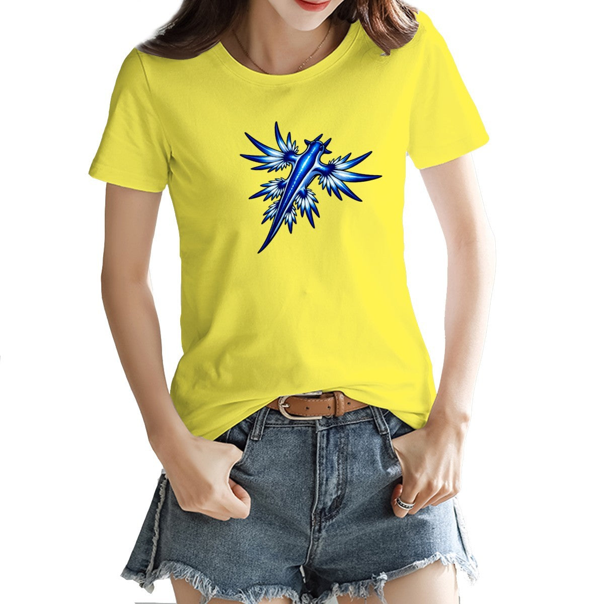 Blue dragon sea slug tee in daisy yellow on a model