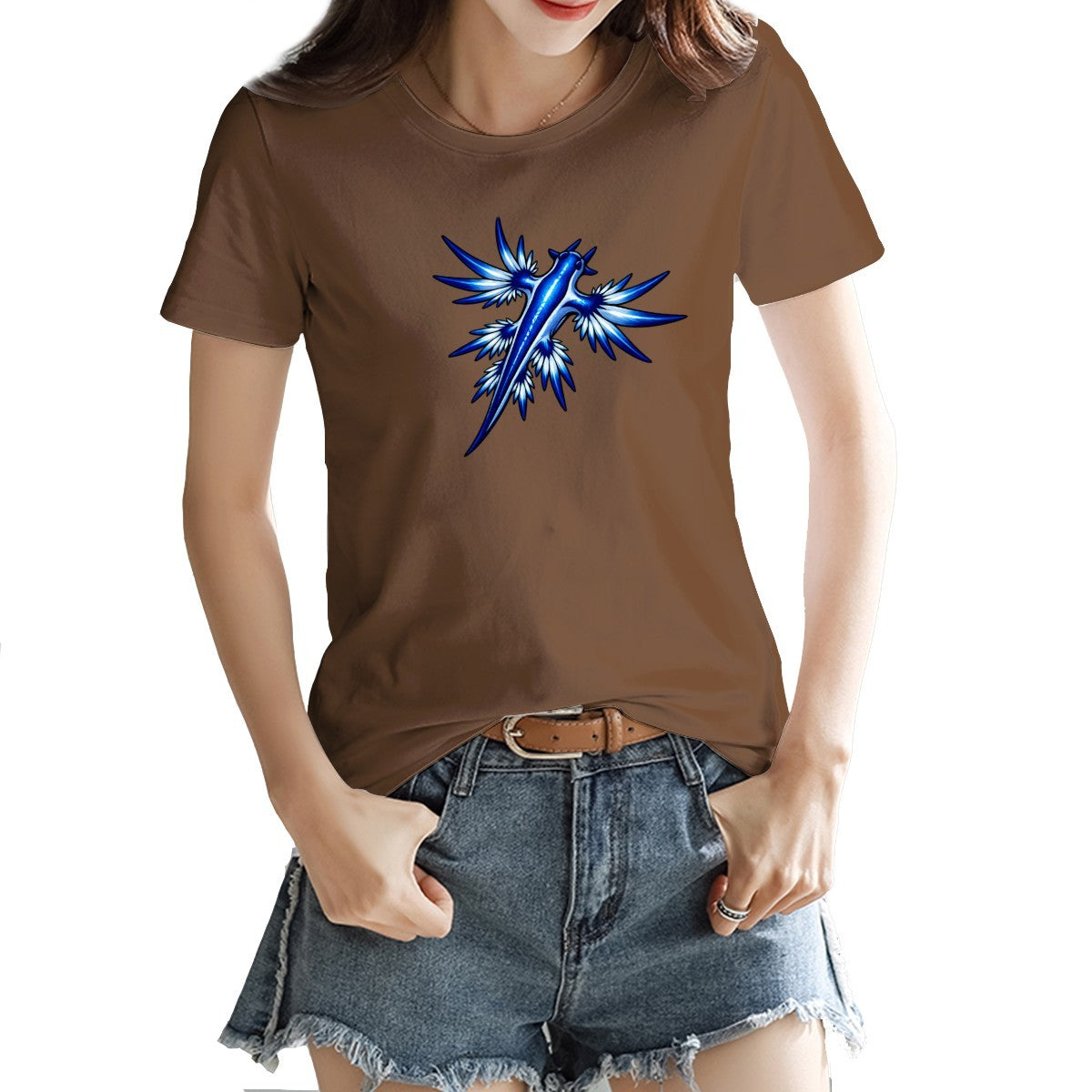 Blue dragon sea slug tee in maroon on a model