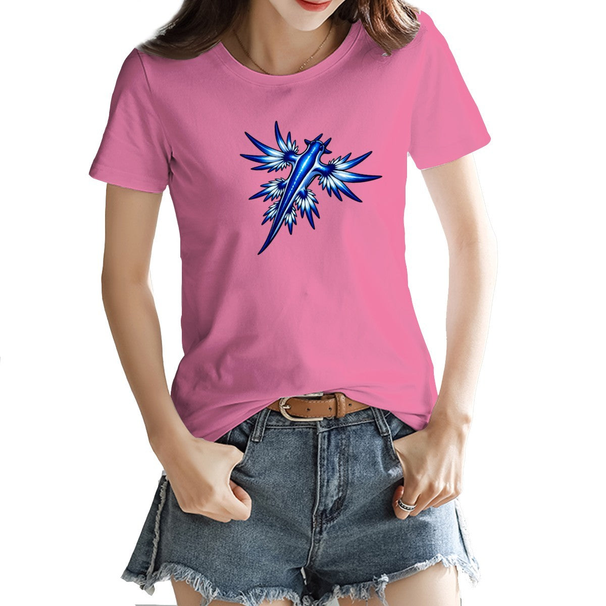 Blue dragon sea slug tee in deep pink on a model