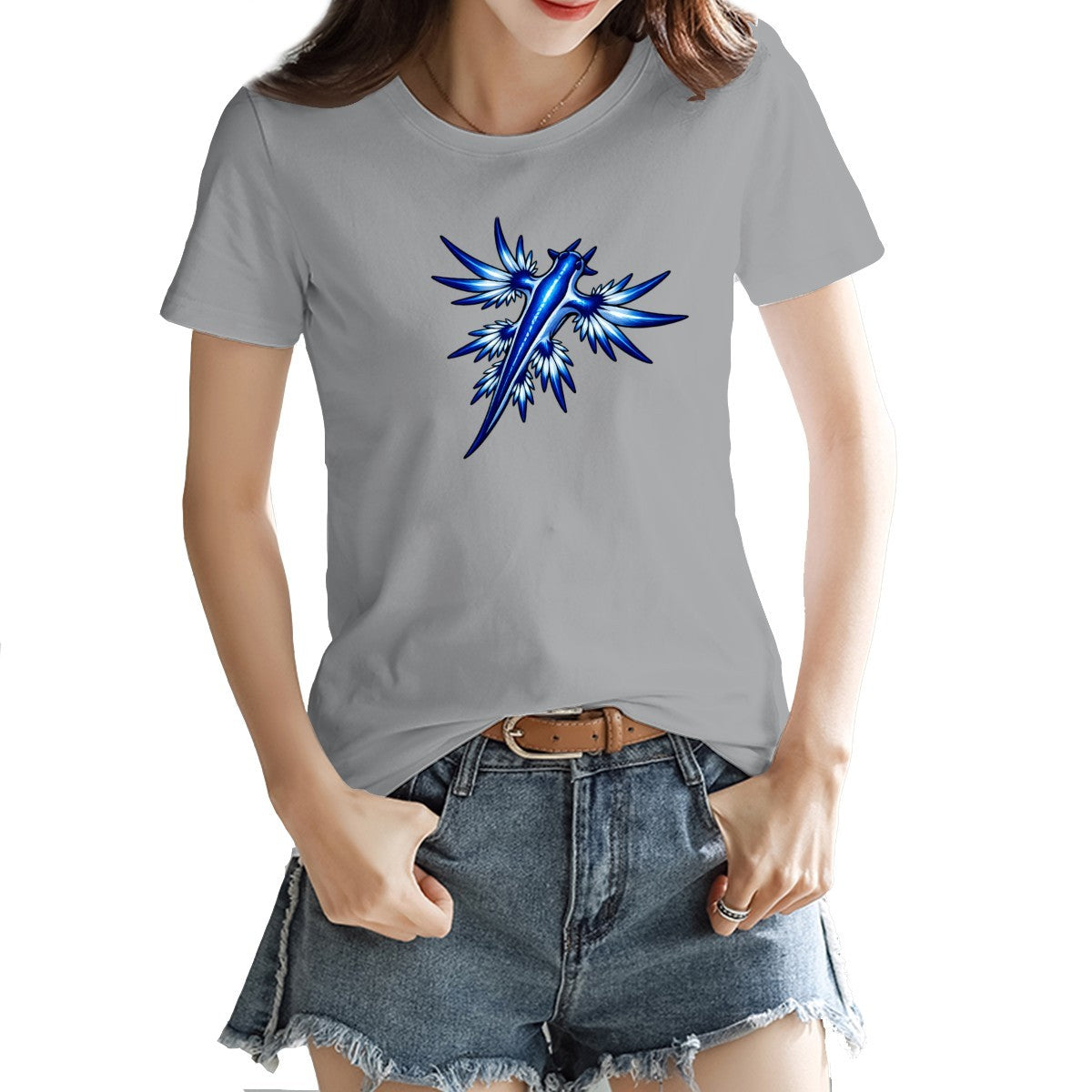 Blue dragon sea slug tee in silver grey on a model